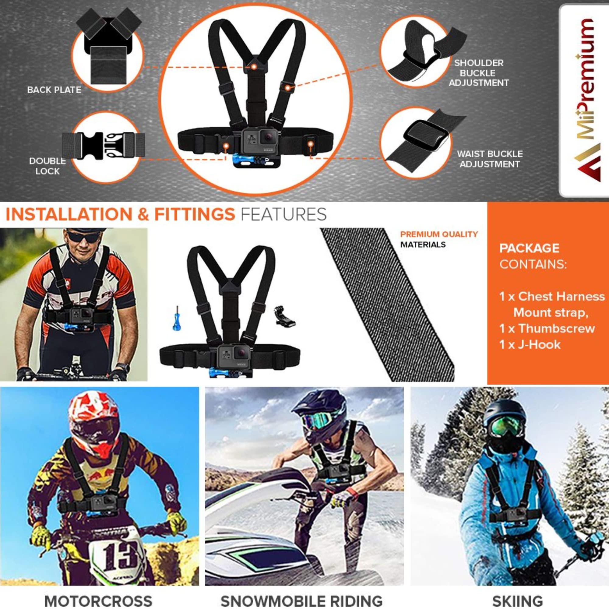 Chest Mount Chesty Harness Strap For Gopro Hero 13 12 11 10 9 8 7 6 5 4 Session 3 2 Max Black Silver & Akaso Ek7000 Sjcam Action Camera Adjustable Vest & Body Holder Accessories Kit